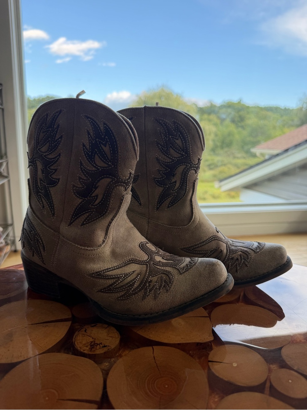 Roper Taupe Suede Western Ankle Boots with Dark Embroidery